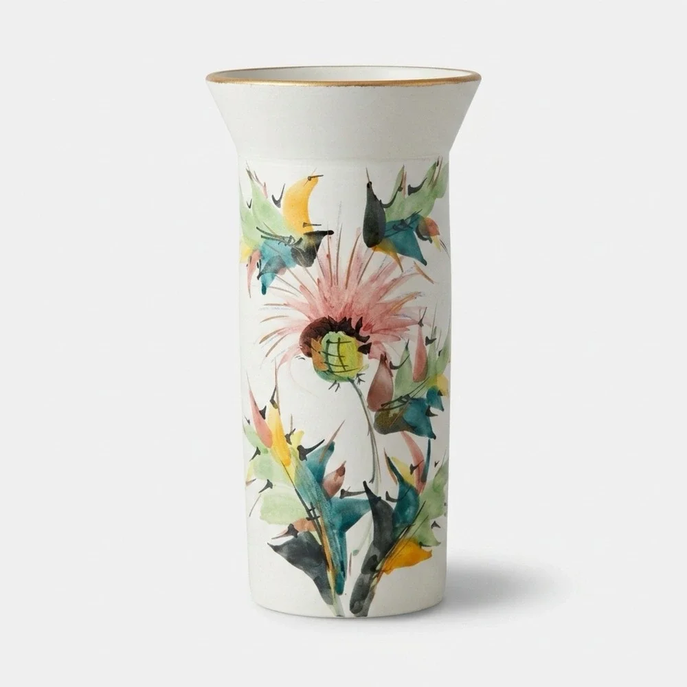 Vintage MCM Italian Art Pottery Vase Hand Painted Botanical Thistle Italy B3220F